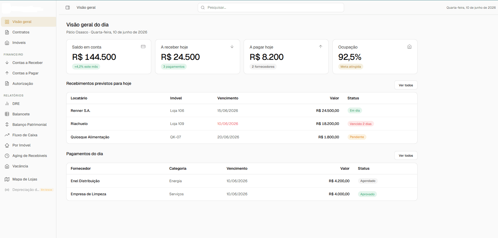 Painel da Weaver: visão geral do dia com saldo em conta, contas a receber e a pagar, ocupação e recebimentos previstos.